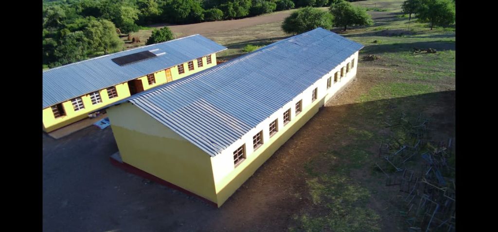 Aerial view of the first modern classroom block at Tsenga Primary